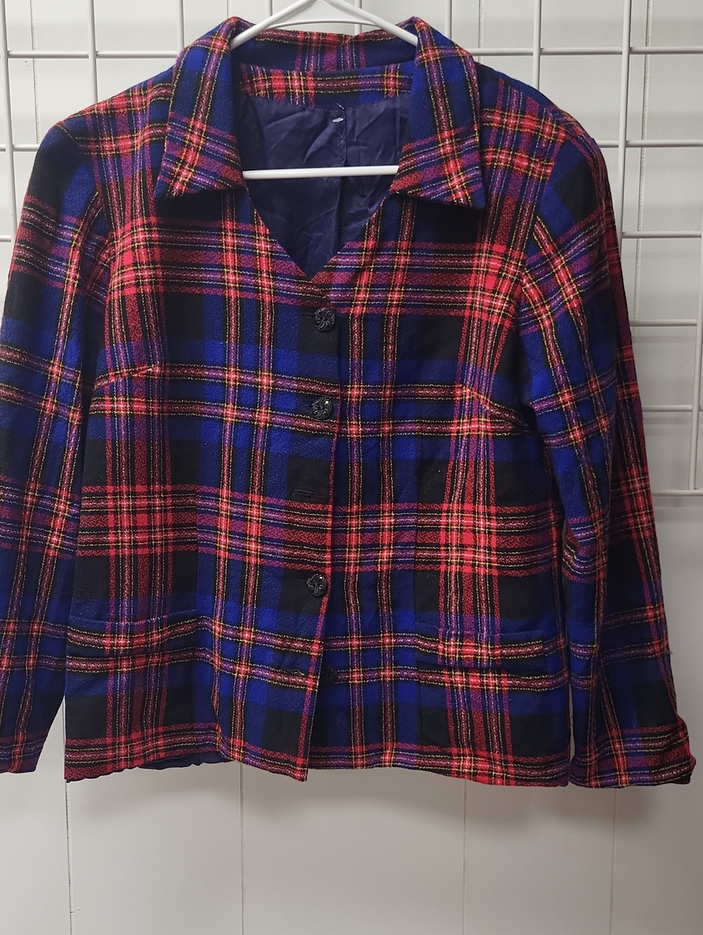 Plaid Button-Front Jacket - Blue & Red, Small